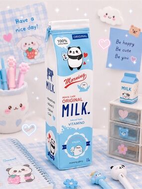 Milk Carton Pencil Case – Kawaii Stationery (Blue)